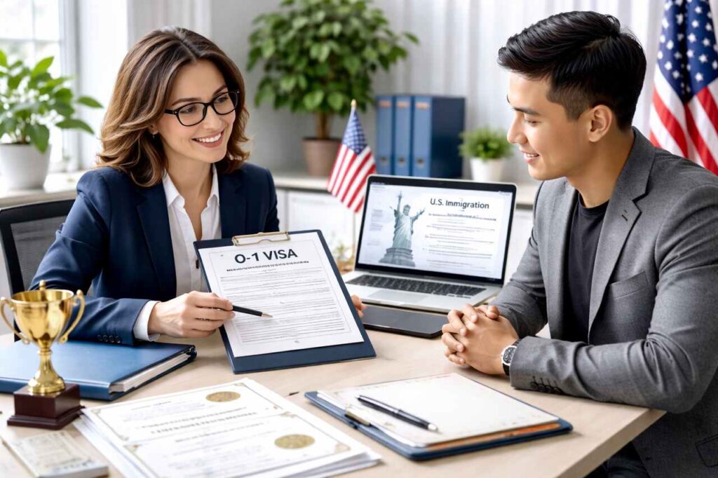 Attorney reviewing O-1 visa documents with skilled professional