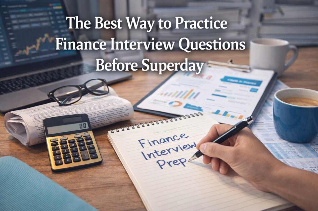 Desk setup for practicing finance interview questions before Superday. 📊💼