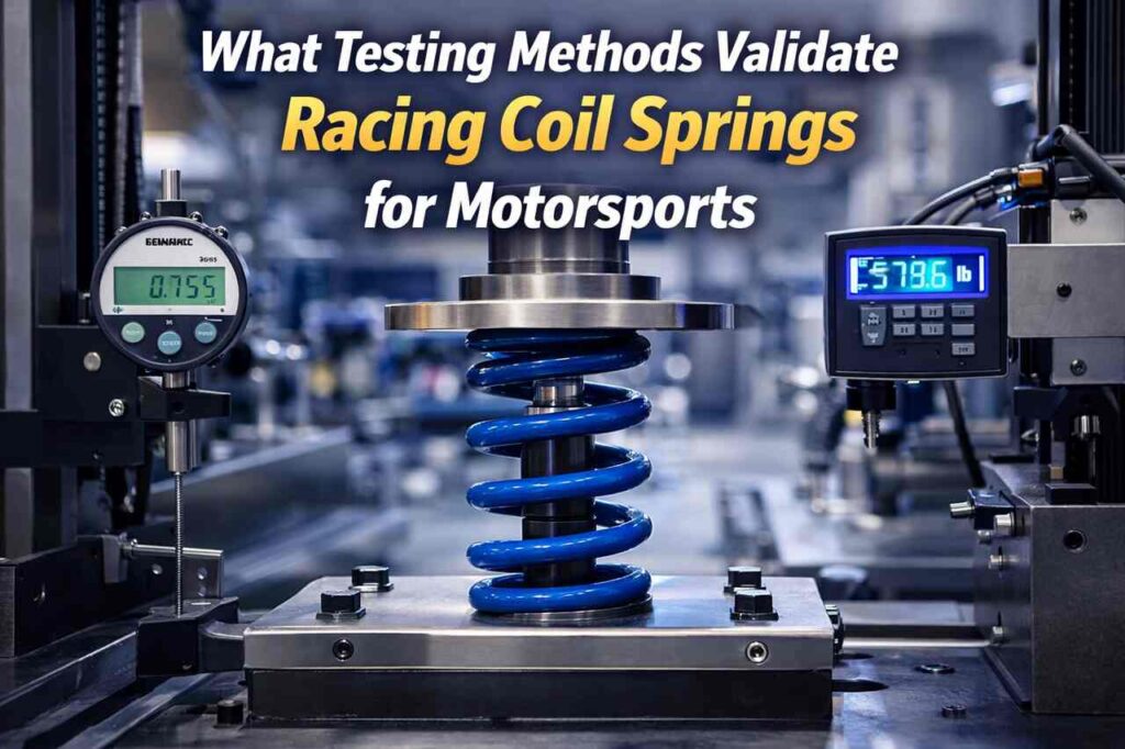 Racing coil spring compression testing in motorsports lab.