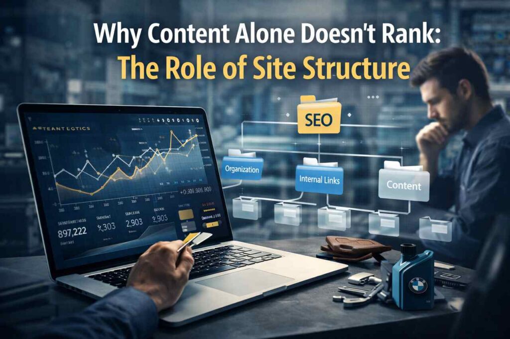 SEO site structure diagram with laptop analytics