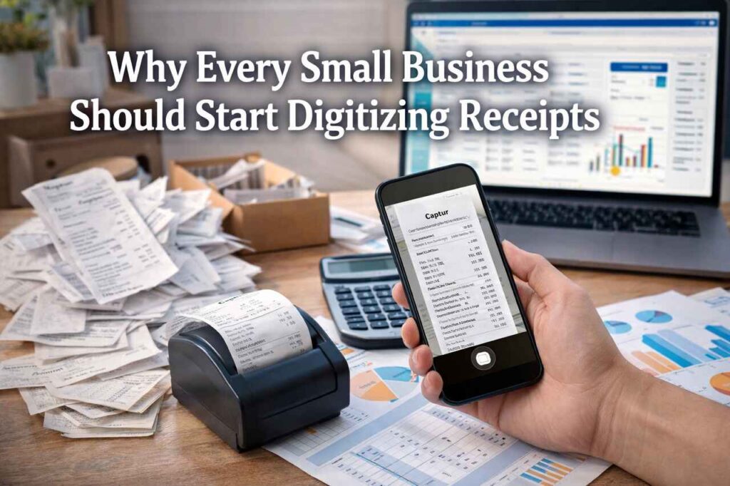 Small business owner scanning paper receipts with a smartphone for digital record keeping. 📱🧾