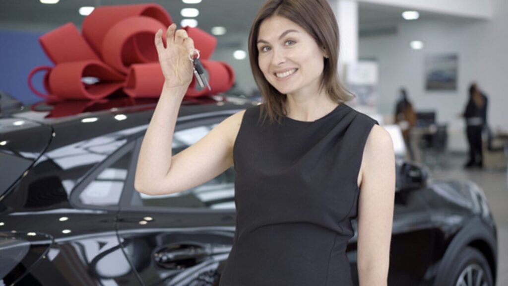 Vehicle ownership as a strategic financial move with car, city skyline, and financial tools.