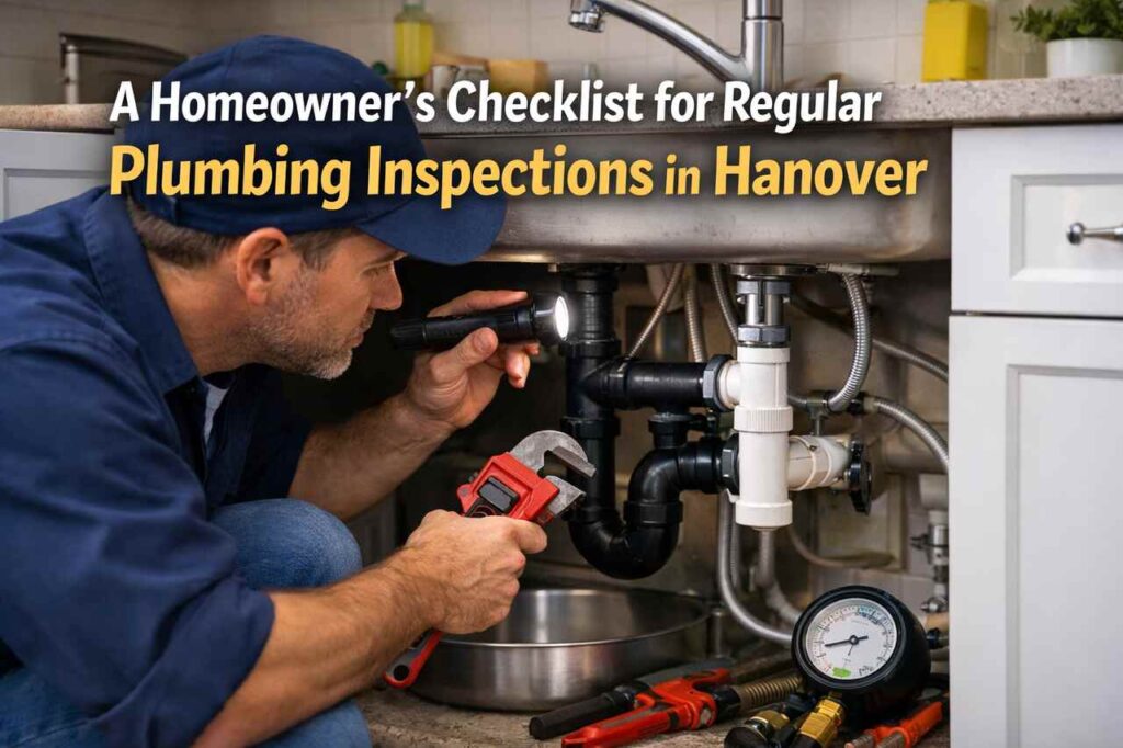 A Homeowner’s Checklist for Regular Plumbing Inspections in Hanover Plumber inspecting pipes under sink in Hanover home