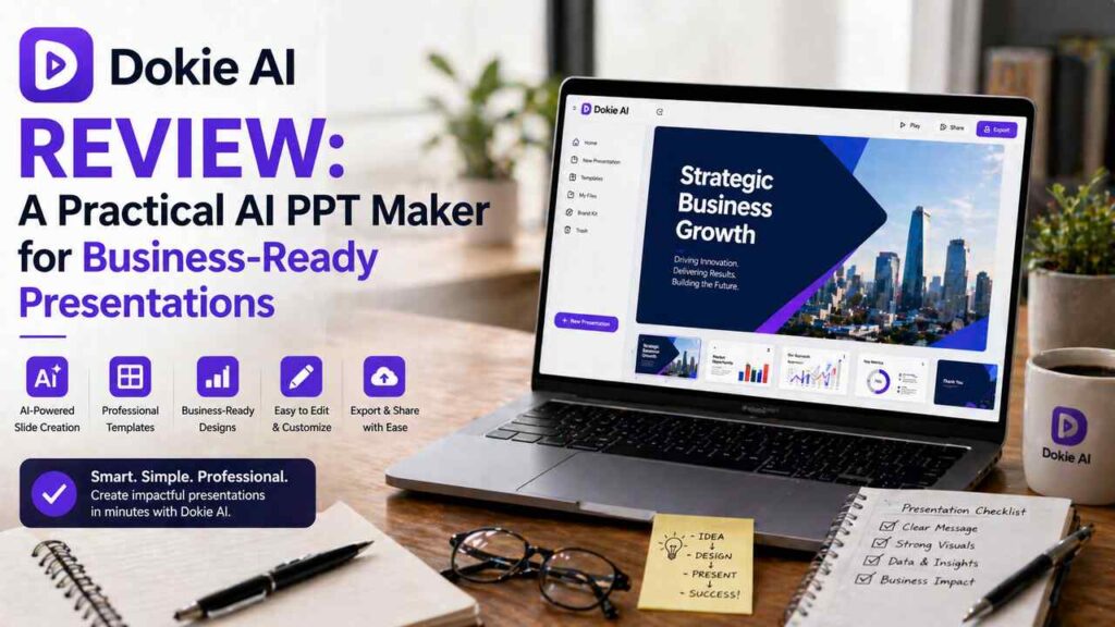 Dokie AI PPT maker creating business presentation on laptop
