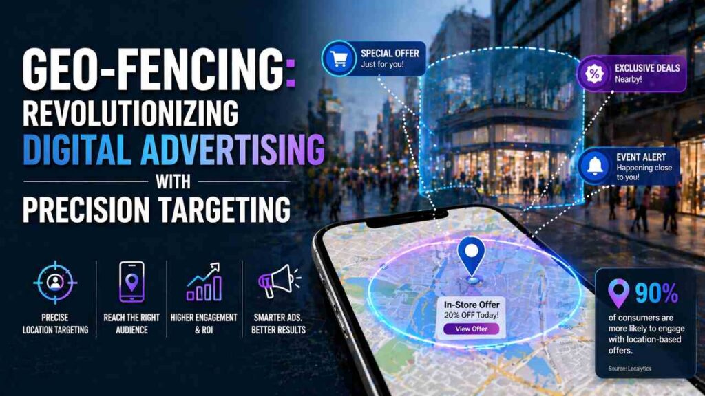 Geo-fencing map on smartphone showing targeted digital ads