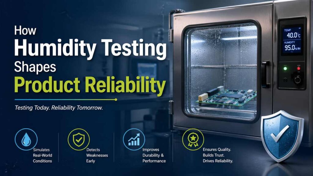 Humidity testing chamber evaluating electronic circuit board reliability