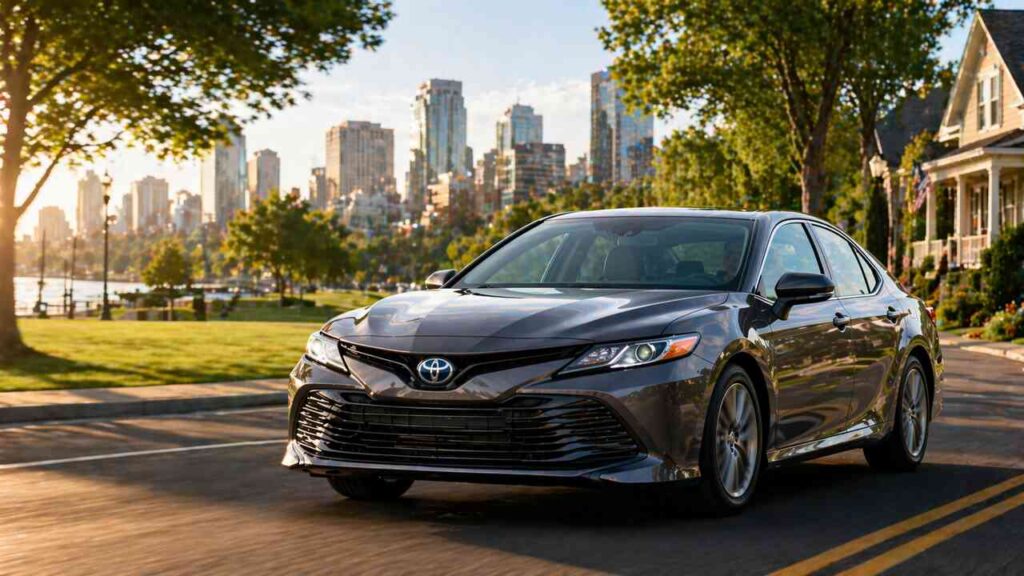 Toyota Camry driving in city representing reliable everyday car
