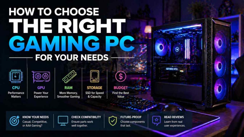 Gaming PC setup with RGB lights and dual monitors