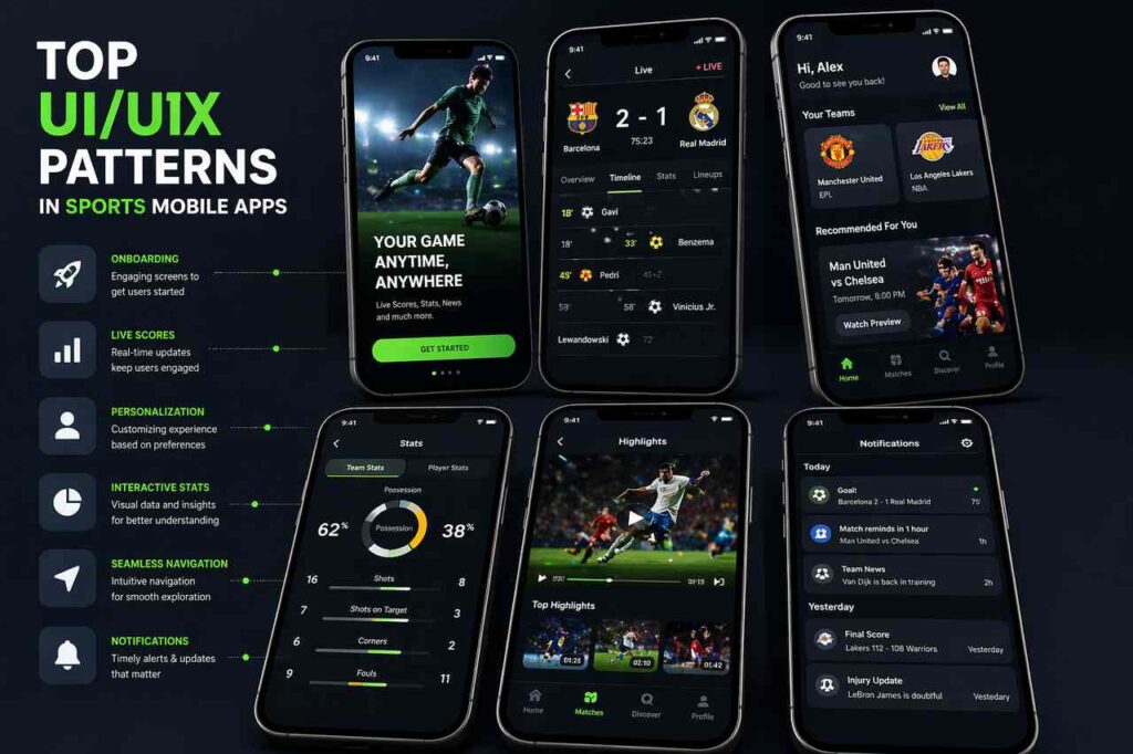 Sports mobile app UI showing live scores and player stats