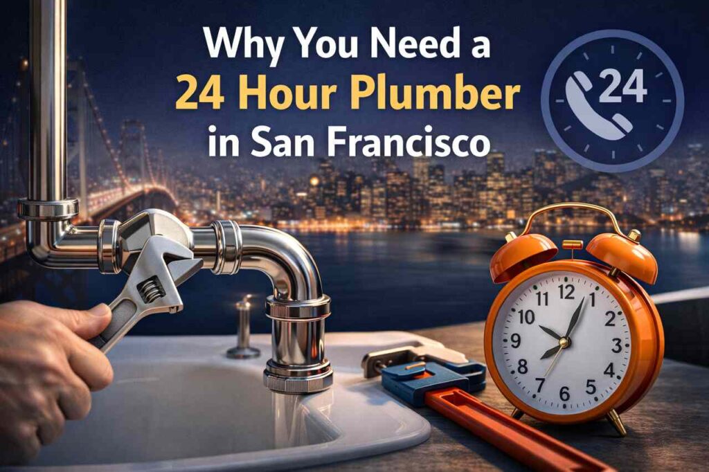 Why You Need a 24 Hour Plumber in San Francisco 24 hour plumber in San Francisco fixing pipe at night with tools and clock