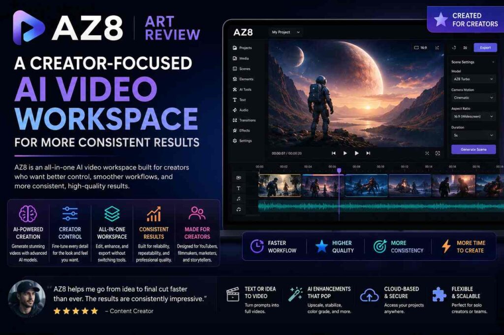 Creator using AZ8 Art AI video workspace for consistent video production.