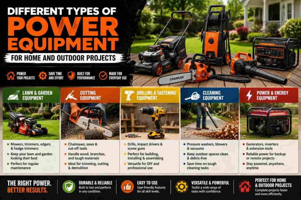 Different types of power equipment for home and outdoor projects.