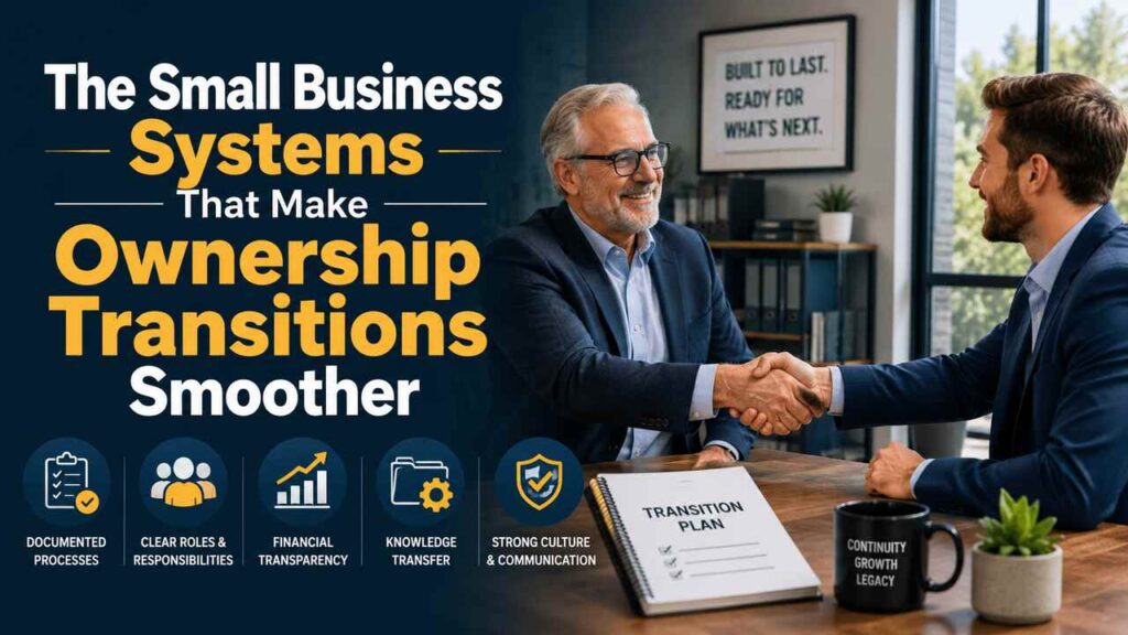 Small business owners discussing ownership transition systems in an office