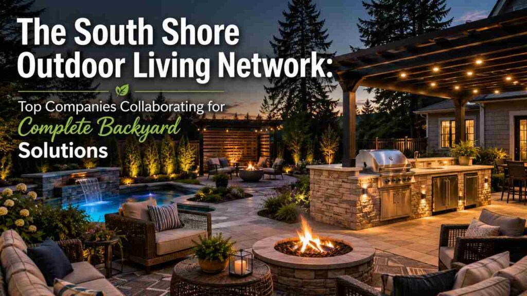 Luxury backyard featuring outdoor kitchen, fire pit, pool, and patio designed by South Shore outdoor living experts
