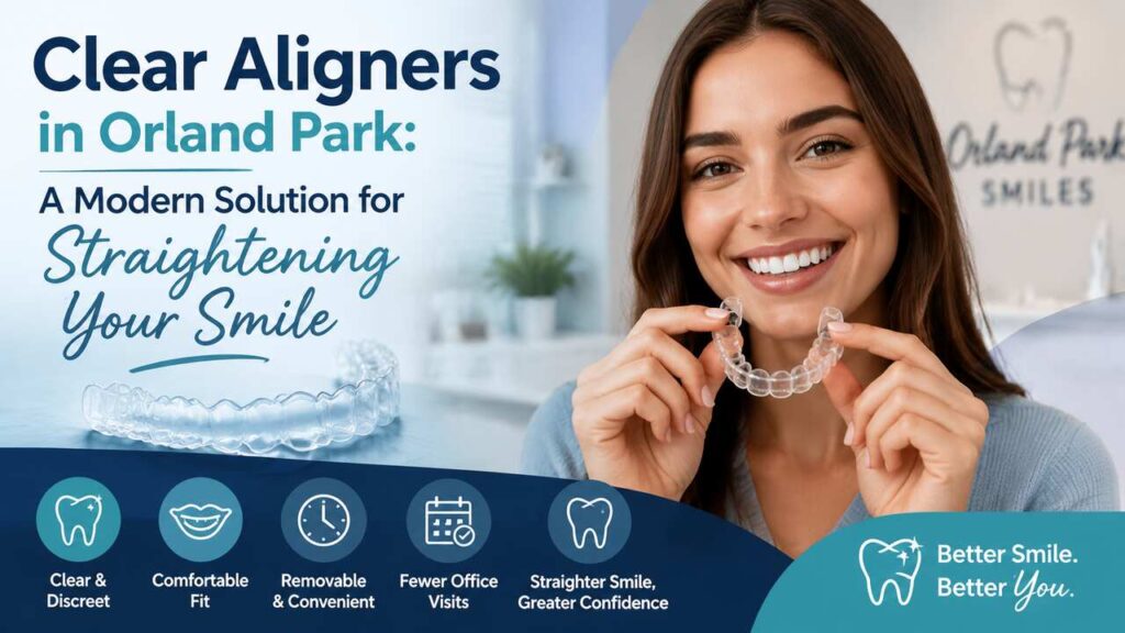Patient holding clear aligners in a dental clinic in Orland Park