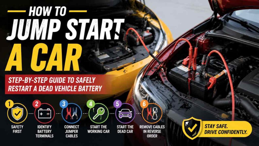 Jumper cables connected between two car batteries for jump starting a car