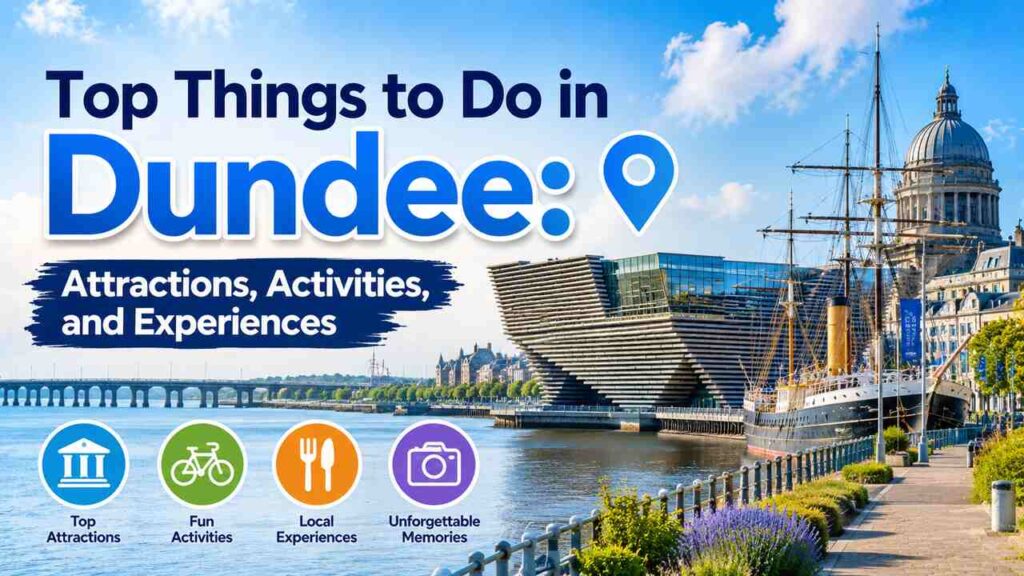 Tourists exploring Dundee, Scotland, with views of iconic landmarks and attractions