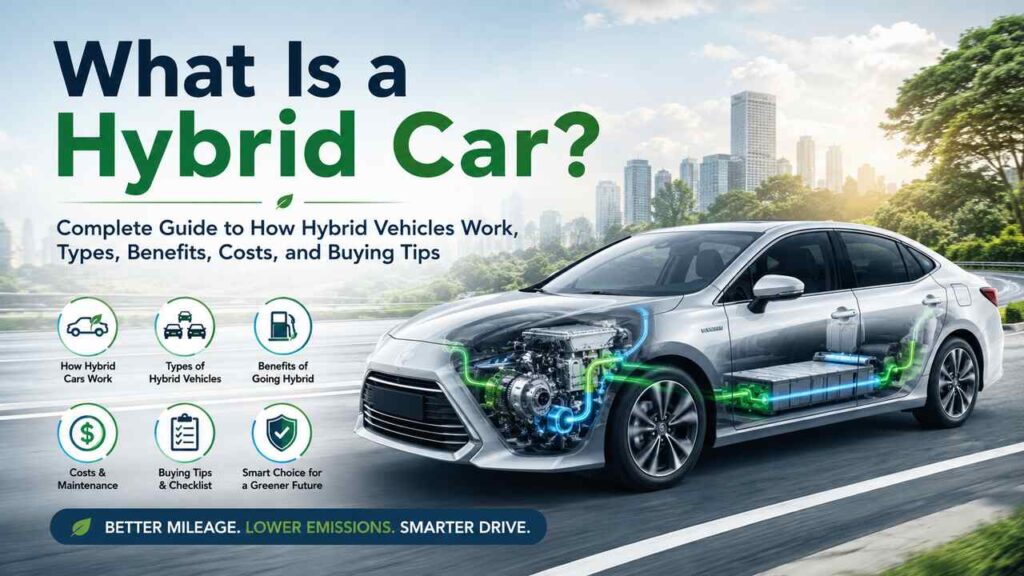 What Is a Hybrid Car? Complete Guide to How Hybrid Vehicles Work, Types, Benefits, Costs, and Buying Tips Modern hybrid car illustrating eco-friendly fuel efficiency and low emissions