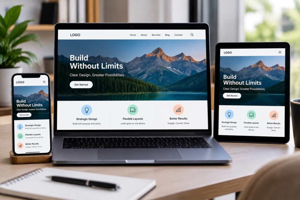 A Practical Framework For Clear, Flexible Website Layouts Responsive website layout displayed on a laptop, tablet, and smartphone, demonstrating a clear and flexible web design across devices.