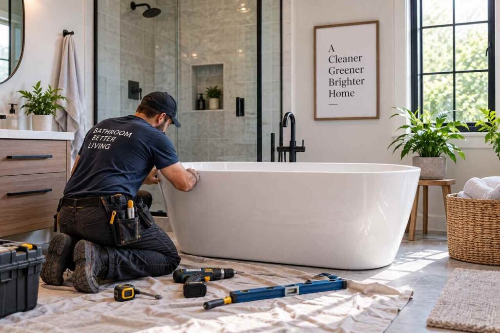 Top 5 Bathtub Replacement Companies In The United States Professional bathtub installer replacing a tub in a modern bathroom during a renovation project.