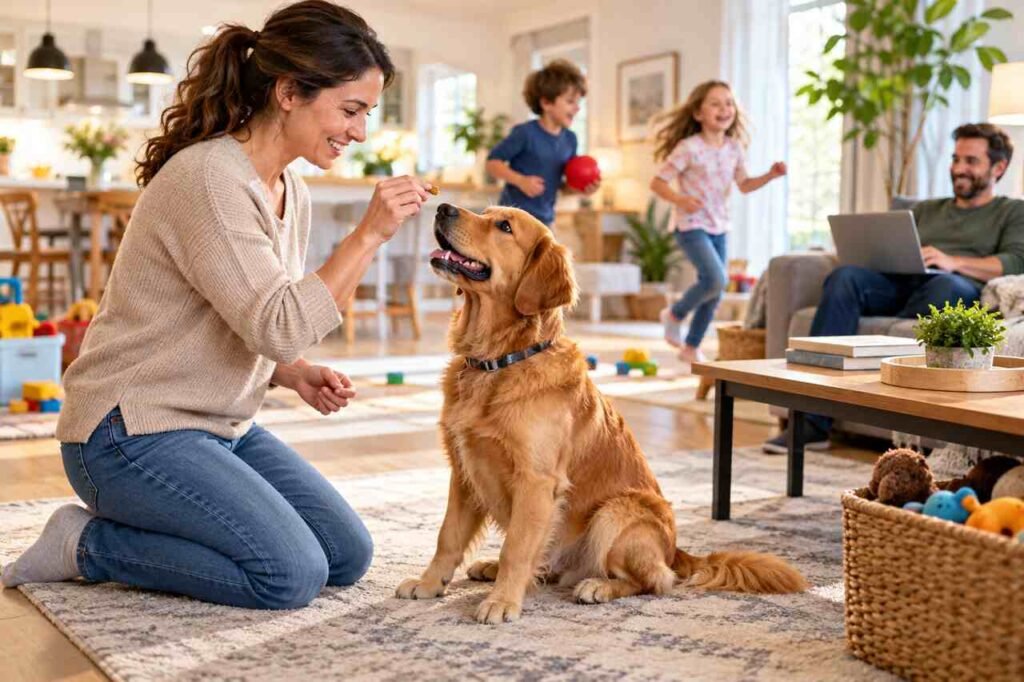 How to Help Your Dog Behave Well in a Busy Family Home Calm dog training in a busy family home