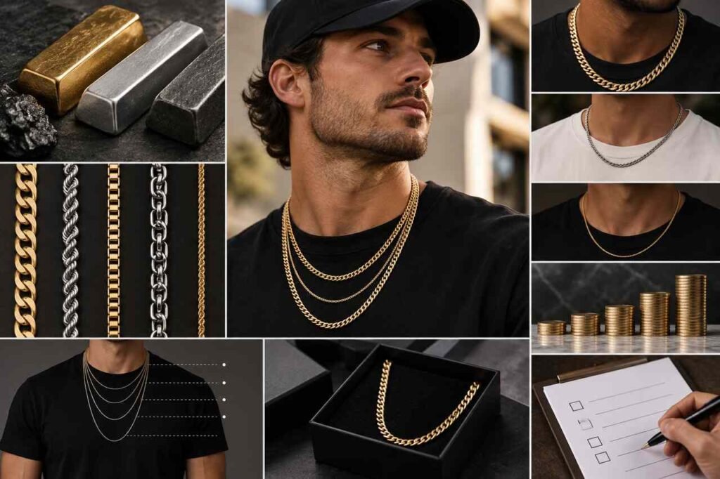 Gold and silver JAXXON-style chains in different styles and sizes.