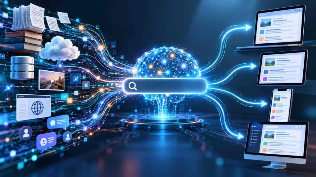 How AI-Powered Search Is Changing the Way Applications Find Information AI-powered search technology connecting applications with relevant information through intelligent semantic search and data retrieval.