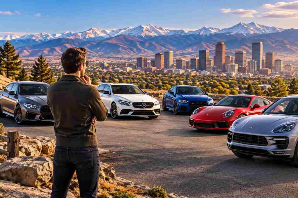 How To Pick A Luxury Performance Car For Real-World Driving In Denver, Colorado Luxury performance car driving on a scenic mountain road near Denver, Colorado.