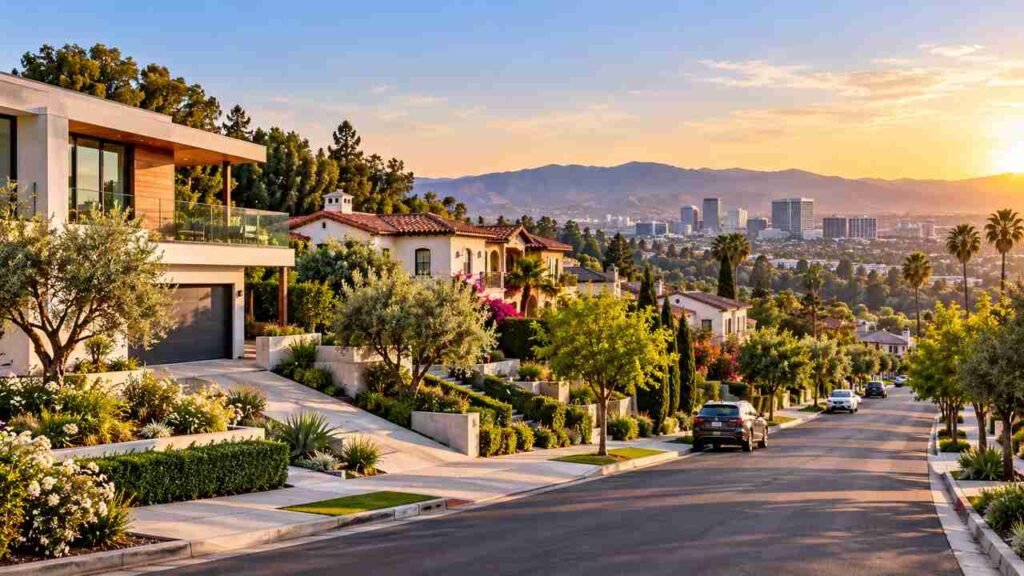 Tree-lined residential street with attractive homes, landscaped yards, and varied architectural layouts in Brentwood, California.