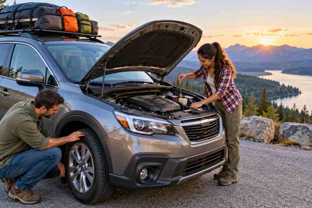 Road-Trip Ready Checklist: Vehicle Checks That Help Prevent Travel-Day Trouble Car prepared for a road trip with essential vehicle inspection tools and safety equipment.