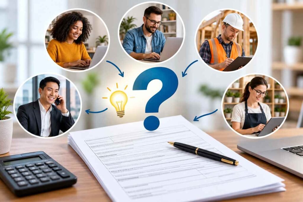 Blank tax form with calculator and pen illustrating Form W-9 requirements for freelancers and businesses.